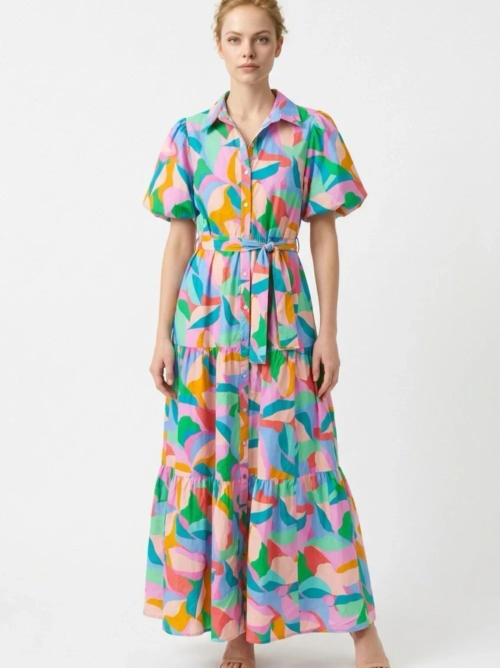 PEACH LOVE | Colorful Abstract Tiered Maxi Button Shirt Dress Women’s Size Small